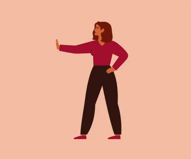 Vector illustration of Strong woman says no with gesture arm. Caucasian girl activist rejects and raised her hand with a stop sign. Concept of disagreeing with something.