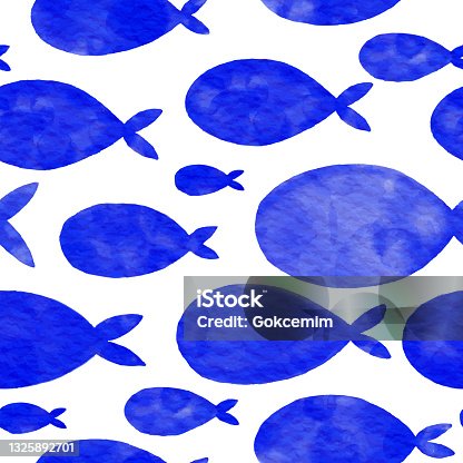 istock Navy Blue Watercolor Fishes Seamless Pattern with White Background. Hand Painted Layered Watercolor Fishes Clip Art. Watercolor Coastal Concept Pattern. Design Element for Greeting Cards and Wedding, Birthday and other Holiday and Summer Invitation Cards 1325892701