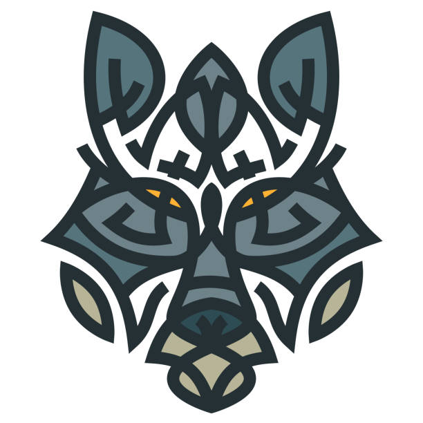 istock Silhouette of wolf head from lines in color geometric style isolated on white background. Modern graphic design element for label or poster. Vector art illustration. 1325894266