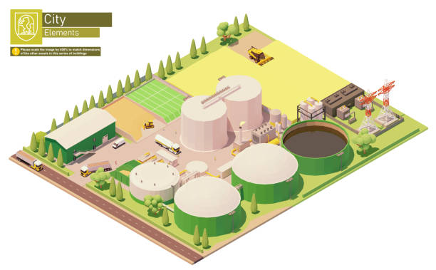 vektorisometrisches biogaskraftwerk - anaerobic stock-grafiken, -clipart, -cartoons und -symbole