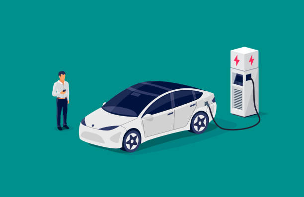 Modern Electric Car Charging Parking at the Charger Station Stall Isometric electric car charging parking at the charger station with a plug in cable. Flat vector illustration with waiting man and smartphone on colour background. Electrified transportation e-motion. cartoon of the mobile phone charger stock illustrations