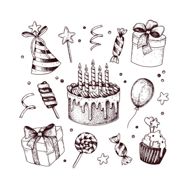 набор нарисованных вручную элементов празднования дня рождения, изолированных на белом. векторная иллюстрация в стиле эскиза - party hat birthday celebration party stock illustrations