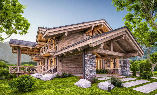 istock 3d rendering of modern cozy chalet in evening 1325900460