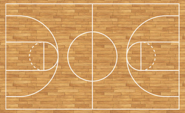 Basketball court wooden flooring with white lines stock photo