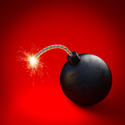 spherical black bomb with lit fuse. concept of imminent danger. 3d render.