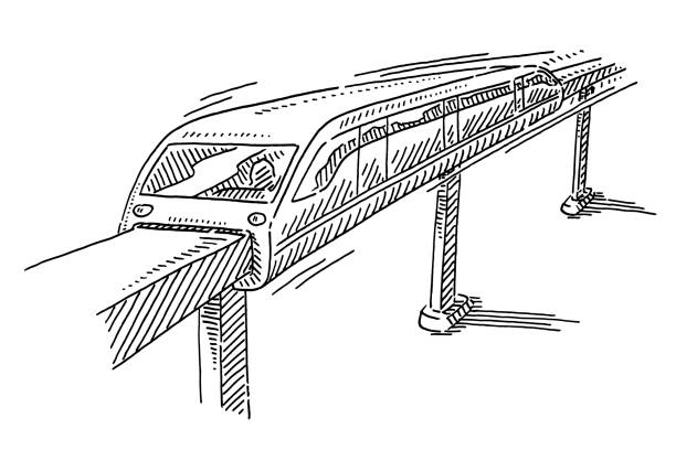 Magnetic Monorail Transport System Drawing Hand-drawn vector drawing of a Magnetic Monorail Transport System. Black-and-White sketch on a transparent background (.eps-file). Included files are EPS (v10) and Hi-Res JPG. maglev train stock illustrations