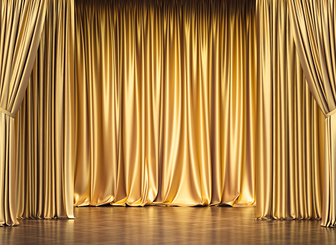 gold curtains and wooden floor. 3d render. concept of exclusivity