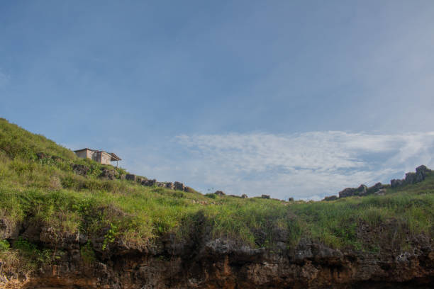 Green rock edge against blue cloud sky