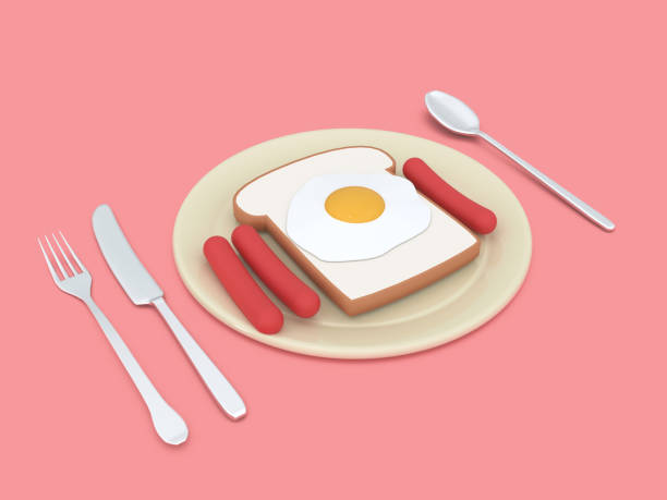 istock Breakfast food realistic set with toast, fried eggs and sausage 3D illustration 1325904547