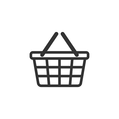 Shopping basket icon symbol. Web store button. Online shop logo sign. Vector illustration image. Black silhouette isolated on white background.