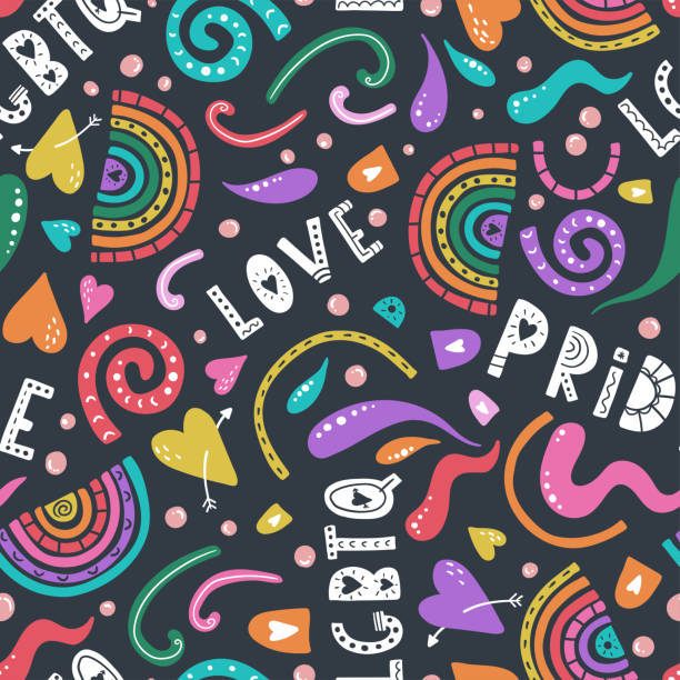 ilustrações de stock, clip art, desenhos animados e ícones de fun hand drawn lgbtq seamless pattern, colorful background with letters, hearts, rainbows, great for textiles, banners, wallpapers, wrapping - vector design - gay pride spectrum backgrounds textile