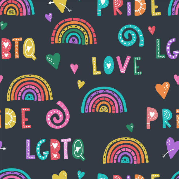 ilustrações, clipart, desenhos animados e ícones de divertido desenho feito à mão com padrão lgbtq sem emenda, fundo colorido com letras, corações, arco-íris, ótimo para têxteis, banners, papéis de parede, embrulho - design vetorial - gay pride spectrum backgrounds textile