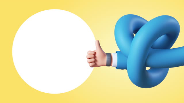 3d animation, businessman cartoon character elastic knotted hand shows thumb up gesture, funny like commercial concept, isolated on yellow background with white round frame appearing