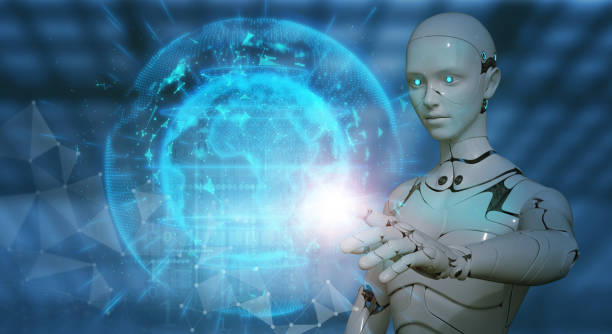 istock Hand humanoid robot touch global futuristic network connection. 3D rendering futuristic robot technology development, AI, and machine learning. Digital disruption. Robot, automation vector illustrate. 1325911484