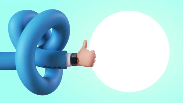 3d animation, businessman cartoon character flexible knotted hand shows thumb up gesture, funny like concept, isolated on blue background with white round frame appearing
