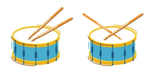 Vector illustration of Drum musical instrument vector flat illustration isolated over white background, snare drum design.