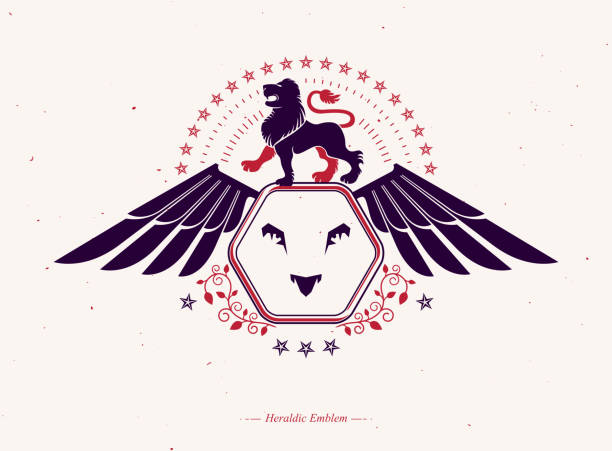 heraldische geflügelte emblem isoliert vektor-illustration mit wilden löwen und fünfeckigen sternen erstellt. - symbol military star eagle stock-grafiken, -clipart, -cartoons und -symbole