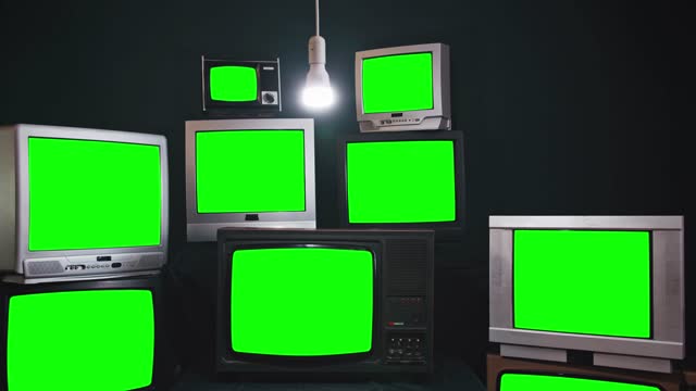Eight Retro TV Sets Green Screens. Zoom Out.