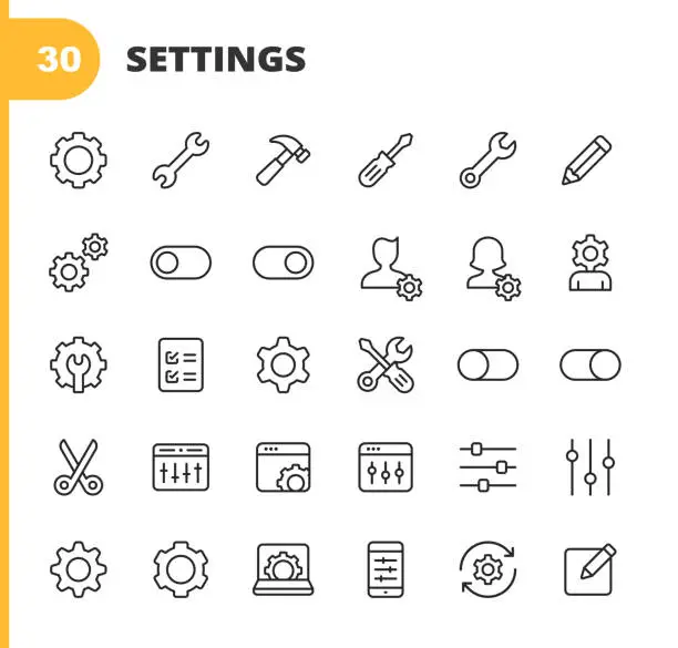 Vector illustration of Settings and Tools Line Icons. Editable Stroke. Pixel Perfect. For Mobile and Web. Contains such icons as Work Tool, Gear, Equipment, Settings Icon, Engineering, Machine Part, Progress, Teamwork, Technology, Business Management, Repair, Construction.