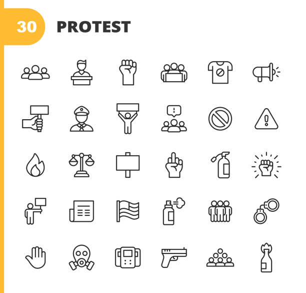 ikony linii protestu. edytowalny obrys. pixel perfect. dla urządzeń mobilnych i sieci web. zawiera takie ikony jak tłum, mowa, sprawiedliwość, pięść, banner, policja, prawo, flaga, pistolet, przemoc, lokalizacja, polityka, sprawiedliwość społecz - striker stock illustrations