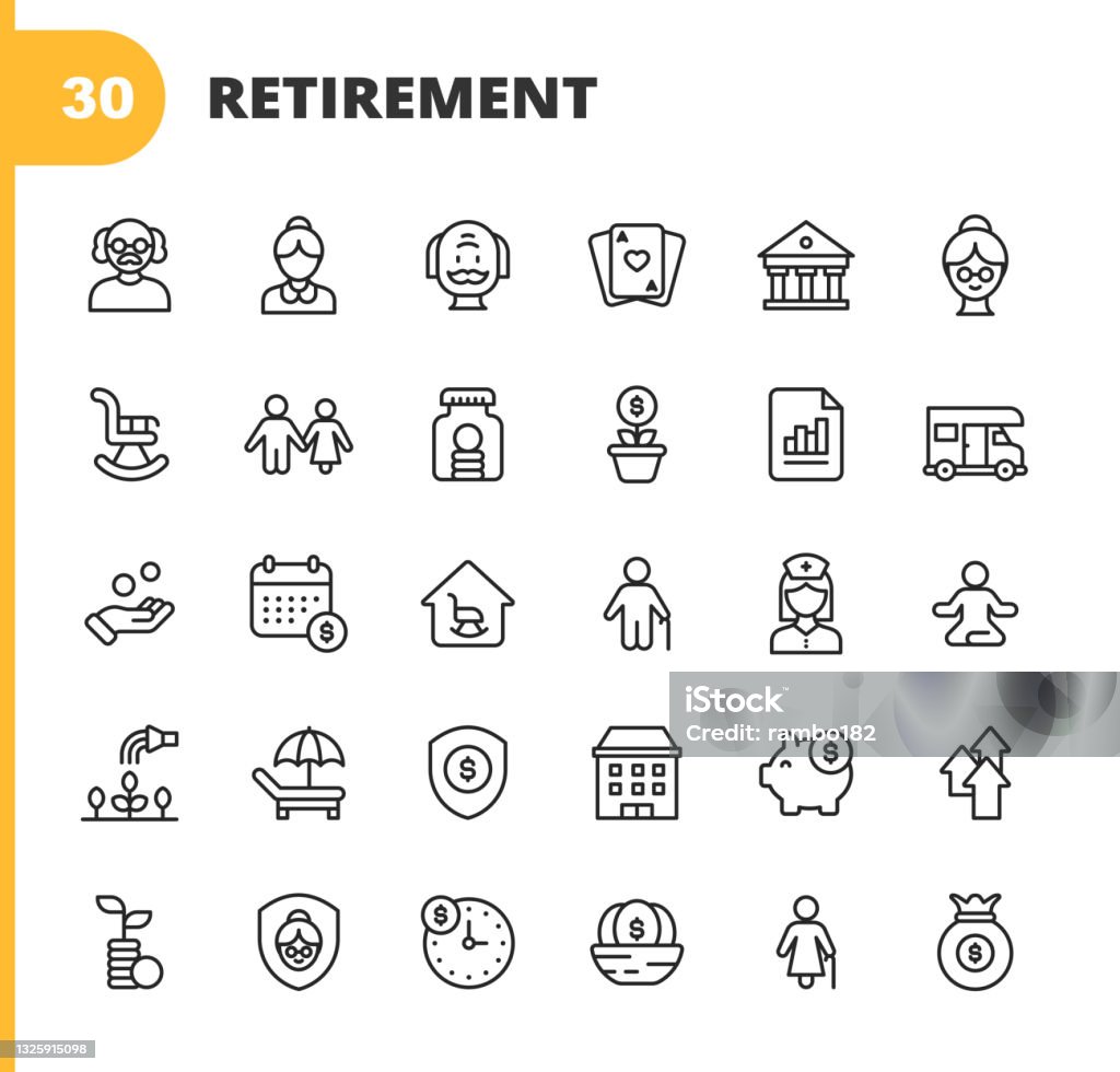 Retirement Line Icons. Editable Stroke. Pixel Perfect. For Mobile and Web. Contains such icons as Senior, Couple, Rocking Chair, Savings, Investment, Holiday, Retirement Home,  Gardening, Insurance, Budget, Piggy Bank, Finance, Nest Egg. 30 Retirement Outline Icons. Senior, Elderly, Man, Woman, Male, Female, Couple, Rocking Chair, Relationship, Marriage, Savings, Investment, Bank Deposit, Holiday, Vacation, Adventure, Motorhome, Vehicle, Calendar, Retirement Home, Yoga, Hobby, Gardening, Beach, Insurance, Pension, Leisure, Financial Planning, Budget, Piggy Bank, Finance, Making Money, Nest Egg, Nurse, Stock Market, Growth. Icon Symbol stock vector