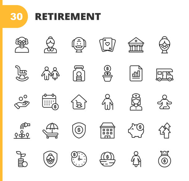 Retirement Line Icons. Editable Stroke. Pixel Perfect. For Mobile and Web. Contains such icons as Senior, Couple, Rocking Chair, Savings, Investment, Holiday, Retirement Home,  Gardening, Insurance, Budget, Piggy Bank, Finance, Nest Egg. 30 Retirement Outline Icons. Senior, Elderly, Man, Woman, Male, Female, Couple, Rocking Chair, Relationship, Marriage, Savings, Investment, Bank Deposit, Holiday, Vacation, Adventure, Motorhome, Vehicle, Calendar, Retirement Home, Yoga, Hobby, Gardening, Beach, Insurance, Pension, Leisure, Financial Planning, Budget, Piggy Bank, Finance, Making Money, Nest Egg, Nurse, Stock Market, Growth. retirement plan document stock illustrations