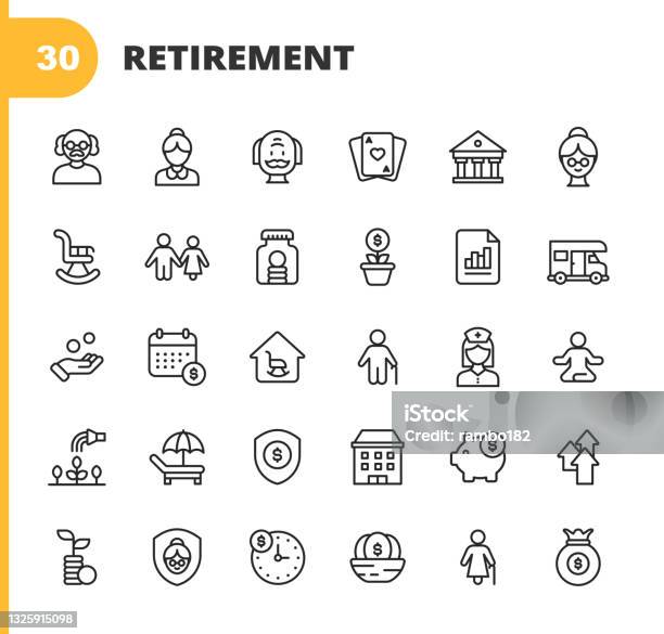 Retirement Line Icons Editable Stroke Pixel Perfect For Mobile And Web Contains Such Icons As Senior Couple Rocking Chair Savings Investment Holiday Retirement Home Gardening Insurance Budget Piggy Bank Finance Nest Egg Stock Illustration - Download Image Now