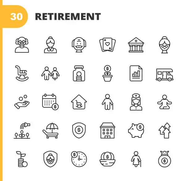 Vector illustration of Retirement Line Icons. Editable Stroke. Pixel Perfect. For Mobile and Web. Contains such icons as Senior, Couple, Rocking Chair, Savings, Investment, Holiday, Retirement Home,  Gardening, Insurance, Budget, Piggy Bank, Finance, Nest Egg.