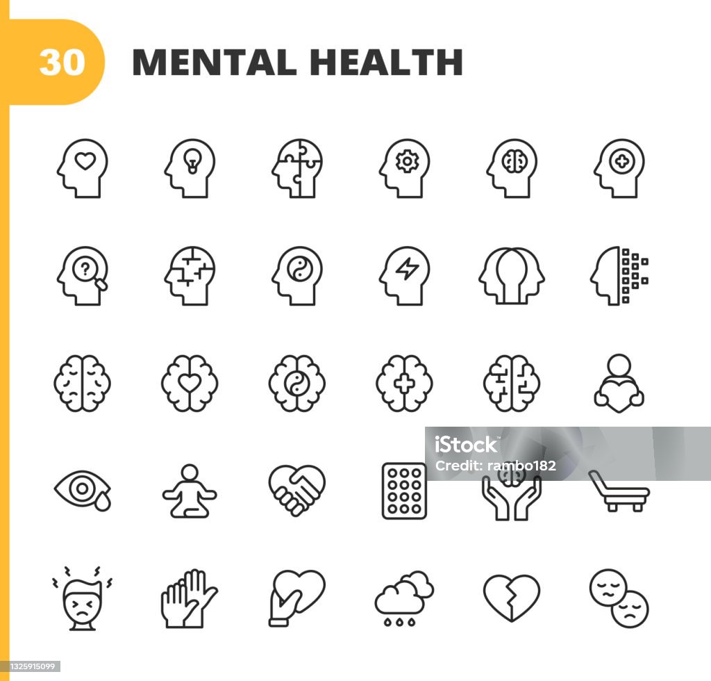 Mental Health and Wellbeing Line Icons. Editable Stroke. Pixel Perfect. For Mobile and Web. Contains such icons as Anxiety, Care, Depression, Emotional Stress, Healthcare, Medicine, Human Brain, Loneliness, Psychotherapy, Sadness, Support, Therapy. 30 Mental Health and Wellbeing Outline Icons. Mental Health, Anxiety, Advice, Attitude, Care, Confidence, Confusion, Emotional Stress, Friendship, Happiness, Healthcare, Medicine, Hospital Bed, Hospital, Human Brain, Illness, Loneliness, Mental Wellbeing, Positive Emotion, Psychiatric Hospital, Psychotherapy, Sadness, Satisfaction, Schizophrenia, Support, A Helping Hand, Family, Adult, Therapy, Disorder, Social Distance. Icon stock vector