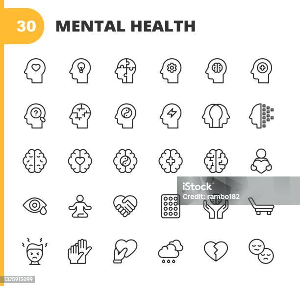 Mental Health And Wellbeing Line Icons Editable Stroke Pixel Perfect For Mobile And Web Contains Such Icons As Anxiety Care Depression Emotional Stress Healthcare Medicine Human Brain Loneliness Psychotherapy Sadness Support Therapy Stock Illustration - Download Image Now