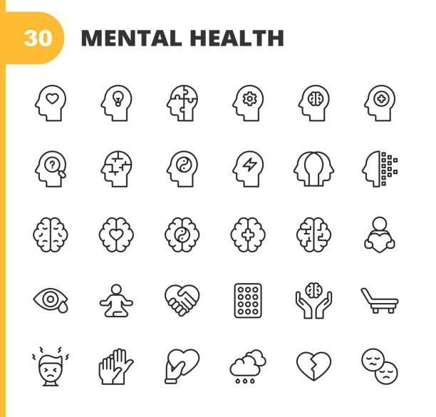 30 Mental Health and Wellbeing Outline Icons. Mental Health, Anxiety, Advice, Attitude, Care, Confidence, Confusion, Emotional Stress, Friendship, Happiness, Healthcare, Medicine, Hospital Bed, Hospital, Human Brain, Illness, Loneliness, Mental Wellbeing, Positive Emotion, Psychiatric Hospital, Psychotherapy, Sadness, Satisfaction, Schizophrenia, Support, A Helping Hand, Family, Adult, Therapy, Disorder, Social Distance.