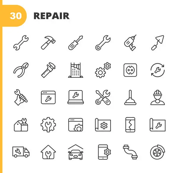 Vector illustration of Repair Line Icons. Editable Stroke. Pixel Perfect. For Mobile and Web. Contains such icons as Wrench, Screwdriver, Repairing, Work Tools, Service, Workshop, Gear, Engineering, Maintenance, Garage, Construction, Mechanic, Renovation, Engine, Inspection.