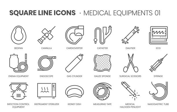 Medical equipments, square line vector icon set. Medical equipments, square line vector icon set. catheter stock illustrations