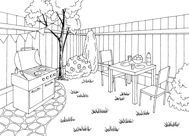 ilustraciones, imágenes clip art, dibujos animados e iconos de stock de patio trasero bbq jardín partido gráfico blanco negro boceto vector de ilustración - flower sketch yard front or back yard