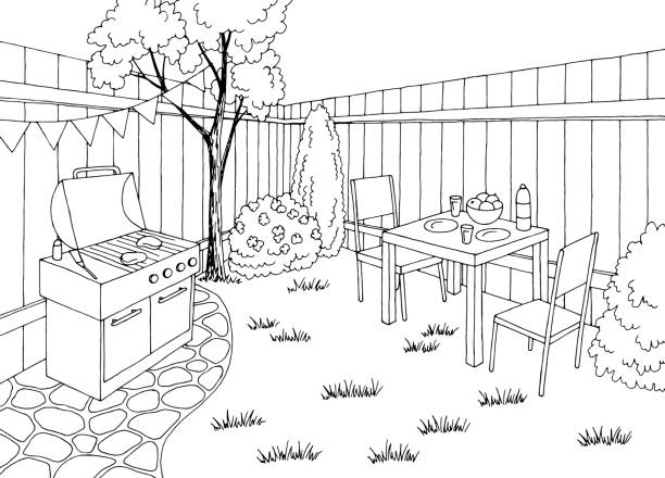 backyard bbq сад партии графический черный белый эскиз иллюстрации вектор - backyard stock illustrations