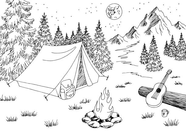 Camping night graphic black white mountain landscape sketch illustration vector Camping night graphic black white mountain landscape sketch illustration vector camping drawings stock illustrations