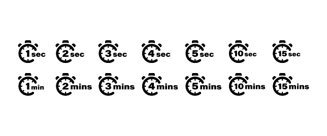 Timer vector icons set. 1, 2, 3, 4, 5, 10 and 15 seconds and minutes stopwatch symbols Vector illustration EPS 10