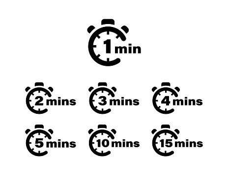 Timer vector icons. 1, 2, 3, 4, 5, 10 and 15 minutes stopwatch symbols Vector illustration EPS 10
