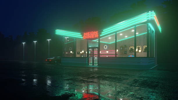 neon diner e carro retrô tarde da noite. neblina, chuva e reflexos de cores no asfalto. ilustração 3d - lanchonete - fotografias e filmes do acervo