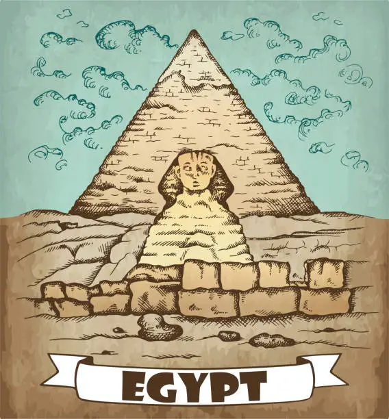 Vector illustration of Sketch hand drawn colorful poster of Egypt. Drawing Great Sphinx of Giza, outline Cairo landscape, line art Pyramid of Khufu, Cheops, desert