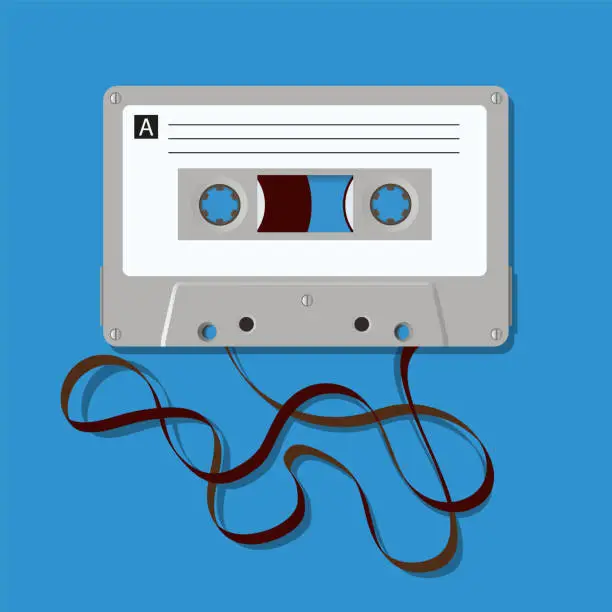Vector illustration of The vintage symbol of an audio cassette is associated with a pencil.