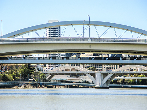 Layers of bridges across the river that runs through the Central Business District of Brisbane Australia.