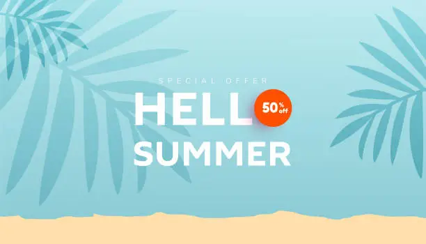 Vector illustration of Summer sale banner with fluid bubble shapes and tropical leaves on mint background with space for ad text