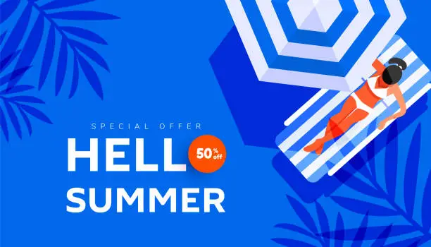 Vector illustration of Creative Hello summer holiday sale banner in trendy bright colors with woman on beach striped lounger