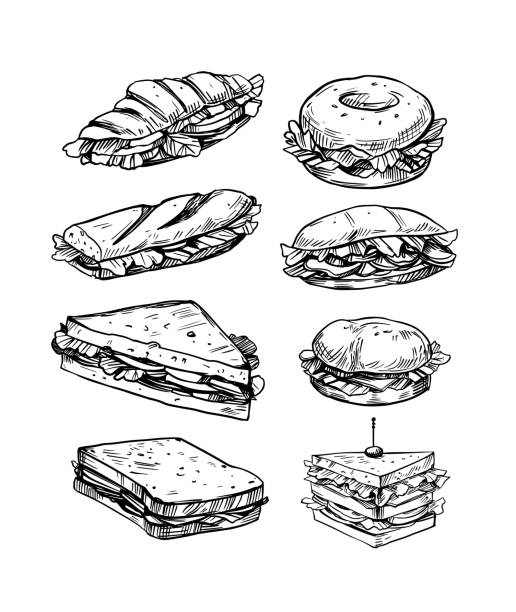 ilustrações, clipart, desenhos animados e ícones de um conjunto de sanduíches recheados com legumes, queijo, carne, bacon. ilustração vetorial em estilo esboço. fast food - sanduíche