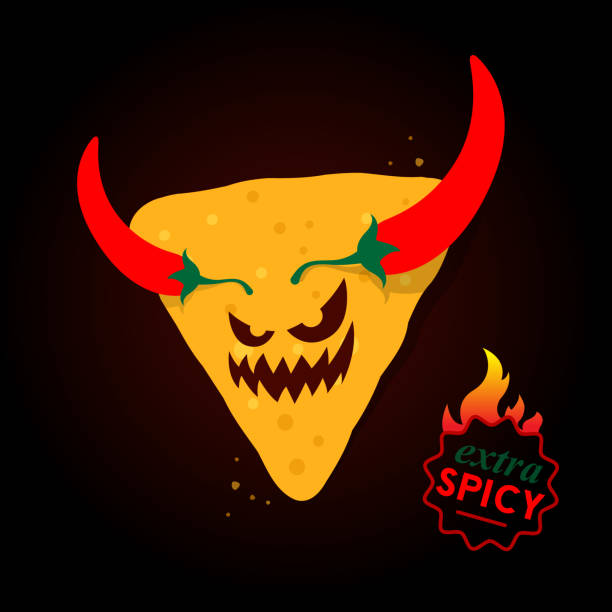 wütende nachos und chilischoten wie hörner auf dunklem hintergrund. extra würzig. cartoon-stil - devil chili stock-grafiken, -clipart, -cartoons und -symbole