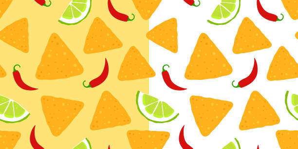 Set of backgrounds with nacho, slice of lime and chili on yellow and white background Set of backgrounds with nacho, slice of lime and chili on yellow and white background. Seamless pattern for textile, cover, banner or packaging for the holiday. Vector, illustration nacho chip stock illustrations