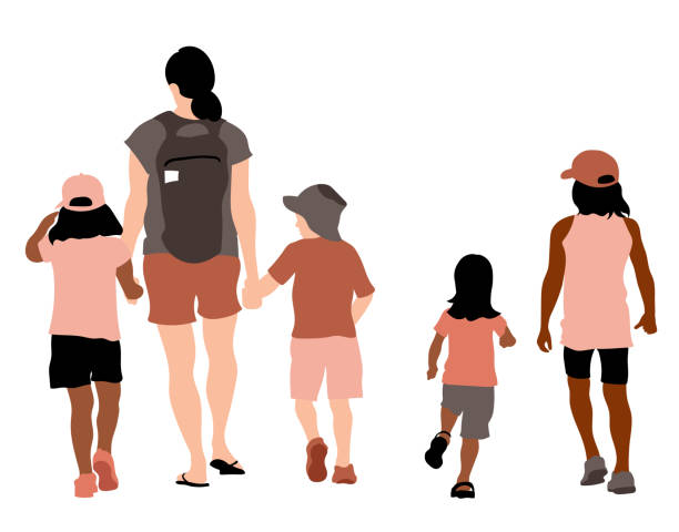 Back To School Flat  Design  Brown colorful flat design illustration showing kids and a mom walking outside on a summer day. field trip clip art stock illustrations