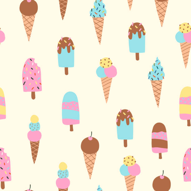 ilustrações de stock, clip art, desenhos animados e ícones de seamless pattern with different types of ice creams, cone, sundae on stick with fruits. cozy hygge scandinavian template for fabric, kids t shirt design. vector illustration in flat cartoon style - ice cream