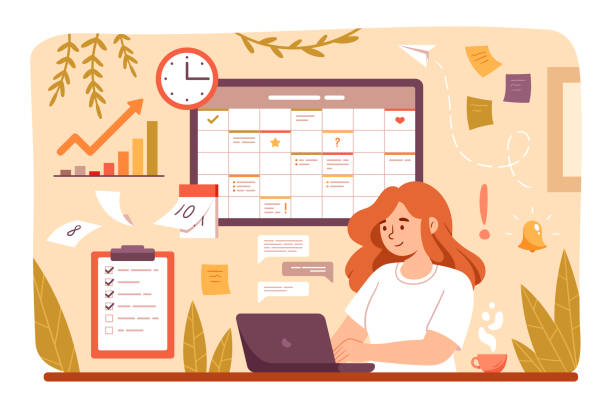 Scheduling tasks concept Woman planning day, scheduling tasks on laptop in calendar application or website. Business woman adding, checking, events, meetings reminders in planning app. Flat cartoon vector illustration busy calendar stock illustrations